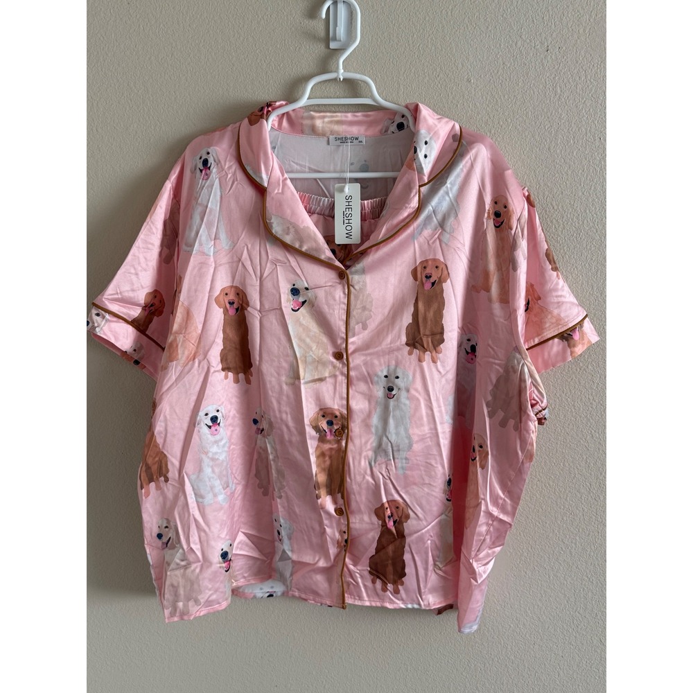 Sheshow Pink Golden Retriever Dog Print Satin Pajama Set XXL New